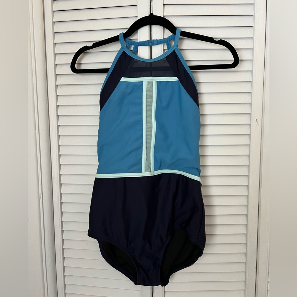Blue and Black Performance Leotard with Halter Neck